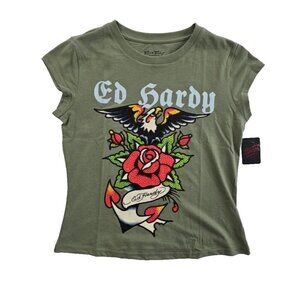 Ed Hardy T Shirt Women's L Green Rhinestone Eagle Rose Floral Graphic Logo NWT